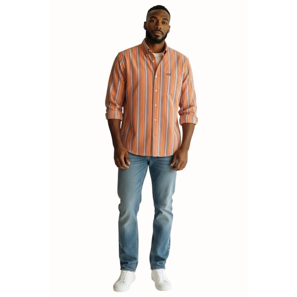 Ralph Lauren Chaps Mens Easy Care Orange Striped Long Sleeve ButtonDown Shirt XL
